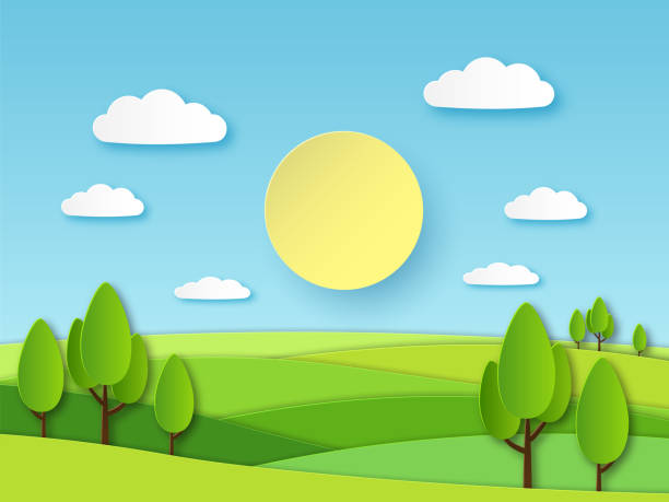 Paper summer landscape. Panoramic green field with trees and blue sky with white clouds. Layered papercut ecology vector 3d concept Paper summer landscape. Panoramic green field with trees and blue sky with white clouds. Layered papercut ecology vector 3d cartoon nature horizon concept papercutting illustrations stock illustrations