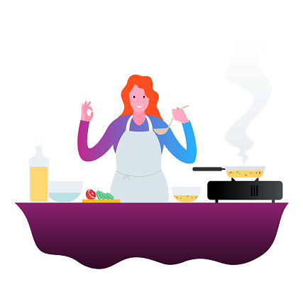 Happy female chef with OK gesturing hand. Food cooking vector illustration.