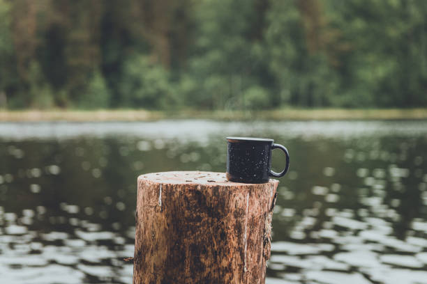 coffee mug on a stump on the bank of a lake or river. Breakfast at nature. Summer camp and hiking. stock photo