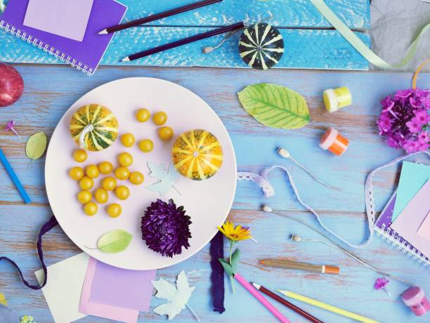 istock Fresh vegetables, fruits and decor on a blue background 1160840444