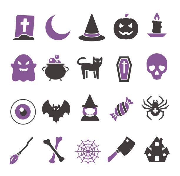 ilustraciones, imágenes clip art, dibujos animados e iconos de stock de conjunto de iconos web vectoriales para crear gráficos relacionados con halloween, incluyendo bruja, murciélago, tela de araña, fantasma, caramelo, globo ocular, cráneo y lápida - witch halloween cauldron bat