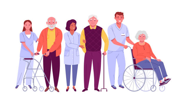 Elderly people care. Vector illustration of senior men and women with assistive devices and nurses helping them. Isolated on white. patient illustrations stock illustrations