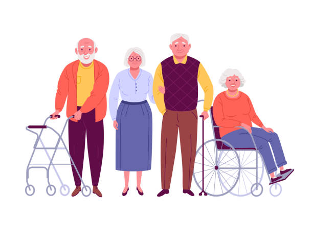 Group of senior citizens. Vector illustration of smiling adult men and women with assistive devices, such as four wheeled walker, walking stick and wheelchair. Isolated on white. old person cartoon stock illustrations