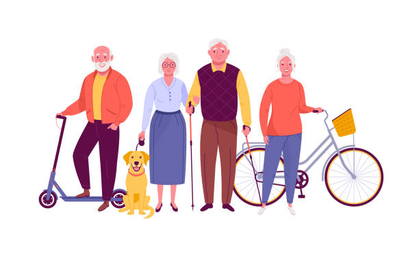 Active senior citizens. Vector illustration of smiling adult men and women with bicycle, electric scooter, dog and nordic walking sticks. Isolated on white. old man smiling stock illustrations