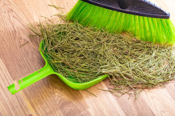 istock Christmas tree stands on the floor among the garbage of needles 1160844553