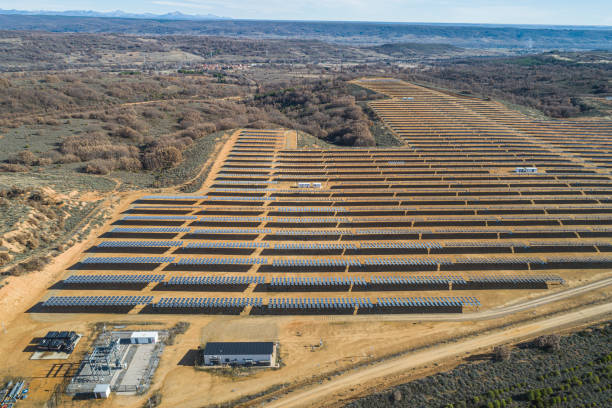 istock Solar panels from aerial view 1160845725