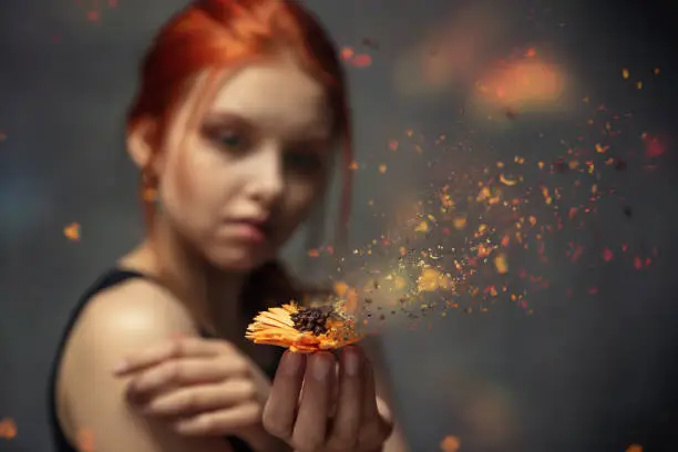 Photo of Flower crumbling in the hands of a red-haired young girl