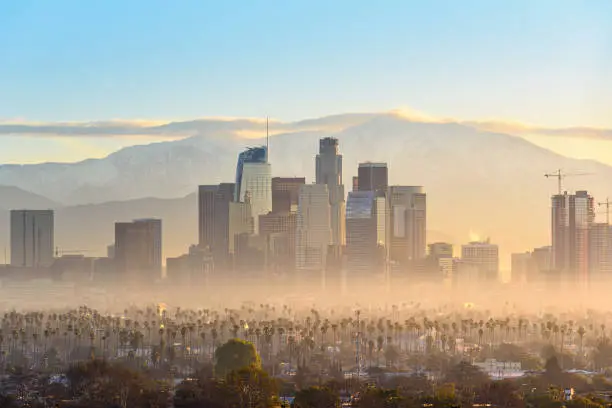 Downtown Los Angeles skyscrapers at smoggy sunrise