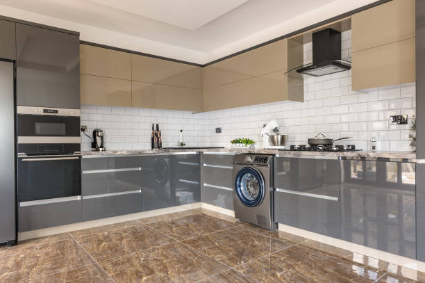 istock Luxury modern white, beige and grey kitchen interior 1160847107