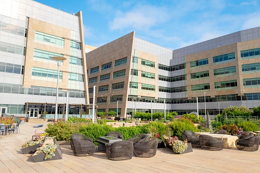 San Francisco, California, United States - June 20, 2019:  Green roof with gardens outside medical and technology building in the Mission Bay neighborhood of San Francisco, California, June 20, 2019