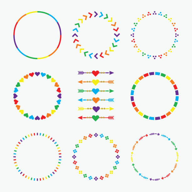 Colorful rainbow circle emblems pattern with arrows design element set on white background Colorful rainbow circle emblems pattern with arrows design element set on white background rainbow borders stock illustrations