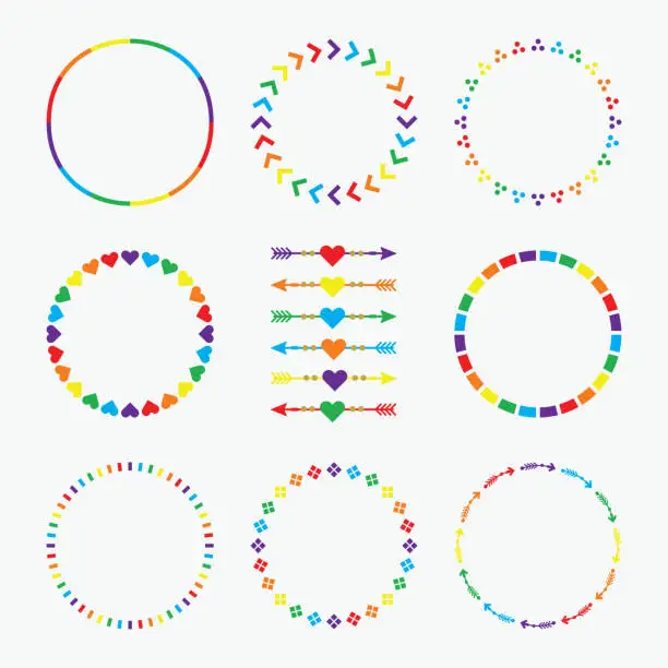 Vector illustration of Colorful rainbow circle emblems pattern with arrows design element set on white background