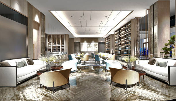 3d render luksusowego holu hotelowego i recepcji - hotel reception lobby hotel luxury zdjęcia i obrazy z banku zdjęć
