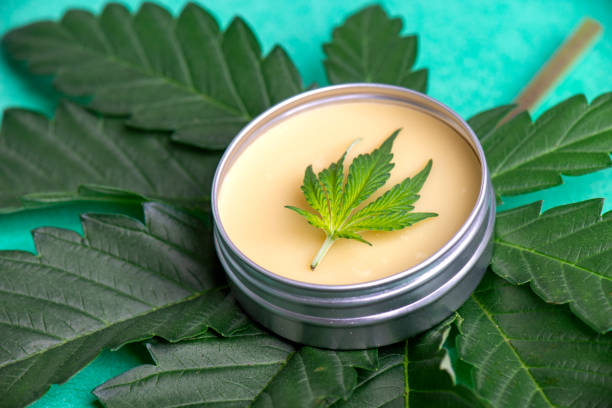 Cannabis salve with hemp and CBD oil on green background stock photo