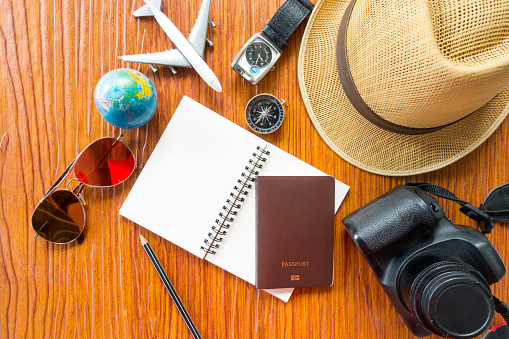 Overhead view of Traveler's accessories, Essential vacation items, Travel concept background