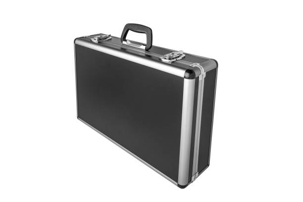 istock Black padded aluminum briefcase case with metal corners isolated on white 1160856658