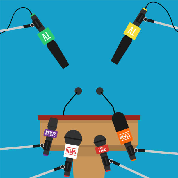 istock Rostrum, tribune and microphones on long stick. Press conference concept. Vector illustration in flat style 1160860794