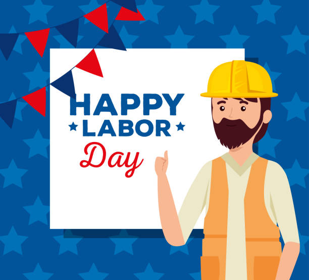 istock poster of man builder with helmet and party banner 1160863765