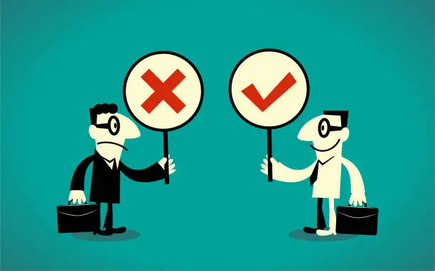 Vector illustration of Two businessmen with Right and Wrong Sign (true-false question; yes-no question)