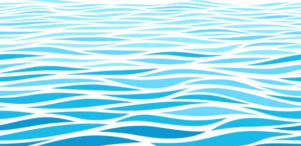 Vector illustration of Blue water waves perspective landscape. Vector horizontal wave seamless pattern
