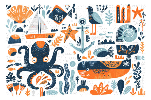 Marine scandinavian style illustrations vector set Marine scandinavian style illustrations vector set. Underwater life background. Sea creatures and plants, animals cliparts. Starfish, seaweed, octopus, whale. Nautical isolated design elements water animal octopus sea stock illustrations