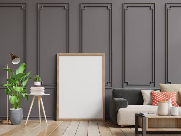 istock Interior poster mockup with vertical empty with sofa and tree in room 1160866542