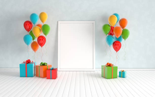istock 3d render interior with realistic colorful balloons, gift box with ribbon mock up poster in the room. Empty space for party, promotion social media banners, posters. 1160870036