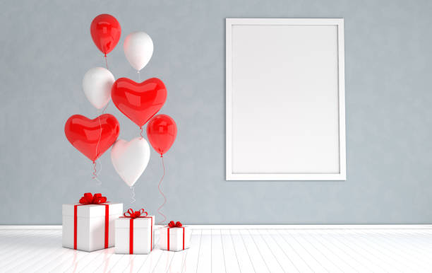 istock 3d render interior with realistic balloons, mock up poster frame, gift box in the room. Heart shape balloons. Empty space for party, promotion social media banners, posters. Valentine's Day elegant card 1160870038