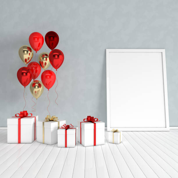 istock 3d render interior with realistic gold and red balloons, gift box with ribbon mock up poster in the room. Empty space for party, promotion social media banners, posters. 1160870039