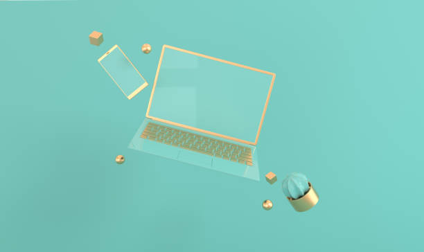 istock Laptop and phone mock-up background in modern minimal style. Notebook, smartphone and cactus 3d render. Technology gadget concept. Pastel and gold colors 1160870044
