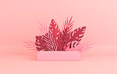 Tropical paper palm, monstera leaves frame, podium platform for product presentation. Summer tropical leaf. Origami exotic hawaiian jungle, summertime background. Paper cut 3d render