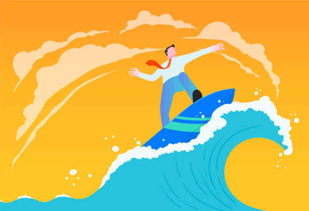 ilustrações de stock, clip art, desenhos animados e ícones de businessman riding wave illustration. business concept. - surf