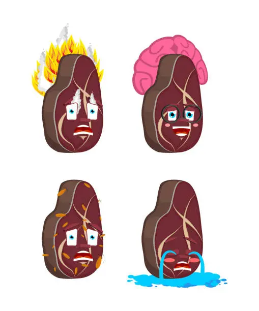 Vector illustration of Steak Cartoon Style set. Meat Smart and infected. Fire and flooded. beefsteak Collection of situations