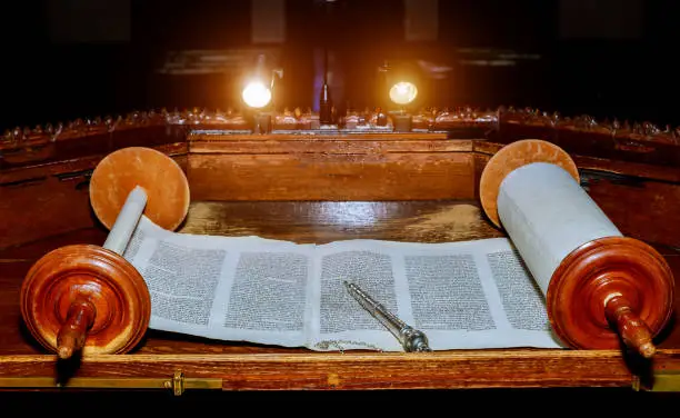 NEW YORK NY March 2019. Jewish Torah old scroll book parchment in the synagogue
