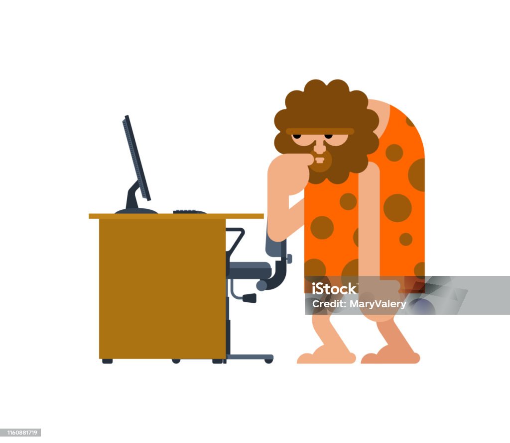 Caveman Vs Computer Caveman And Pc Prehistoric Man And Computer Ancient Man Think Stock ...