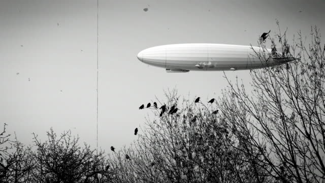 Zeppelin airship with flock of ravens, black and white retro stylization, old film