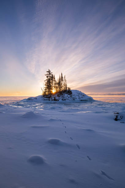 Frozen Island on the North Shore of Lake Superior. stock photo