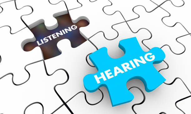 istock Hearing Vs Listening Words Puzzle Piece Hole 3d Illustration 1160889373