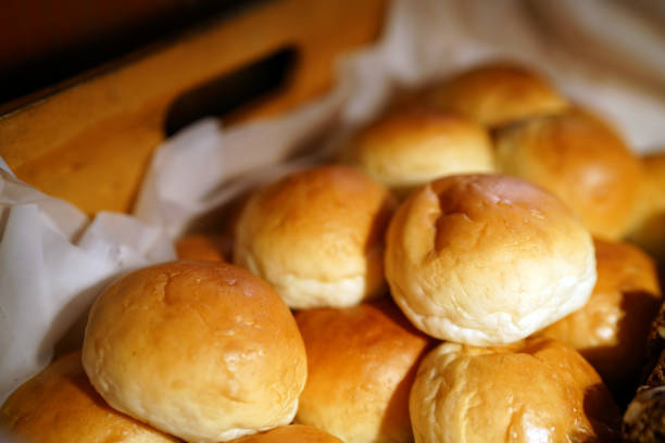 istock Homemade white round dinner roll bread (buns) in basket, Great appetizer and easy delicious recipe. 1160889810