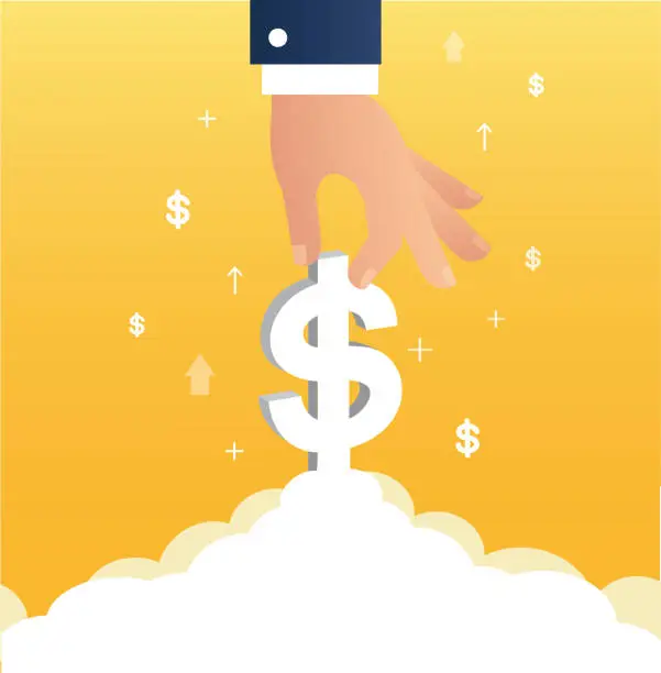 Vector illustration of hand holding dollar icon on could, business concept illustration