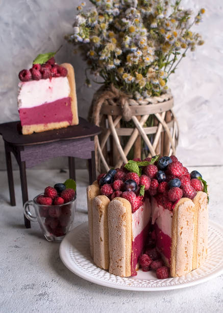 istock Beautiful summer berry cake from savoyardi cookies. Raspberry cake. Summer baking. 1160892225