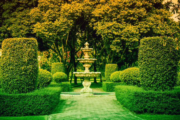 istock tropical garden and fountain 1160892388