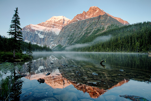 Sunrise in Cavell Lake of Jasper National Park