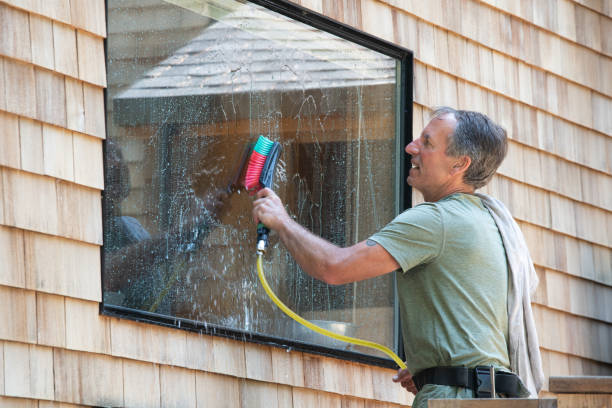 istock Man washing window with brush and water 1160897212
