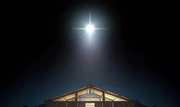 A depiction of the nativity scene of christs birth in bethlehem with the isolated stable being lit by a bright star - 3D render