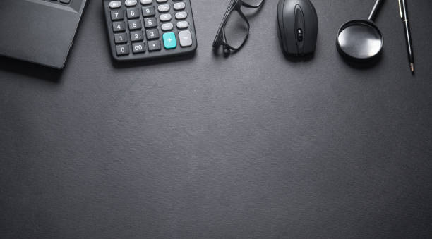 istock Black office desk. Business workplace 1160898694