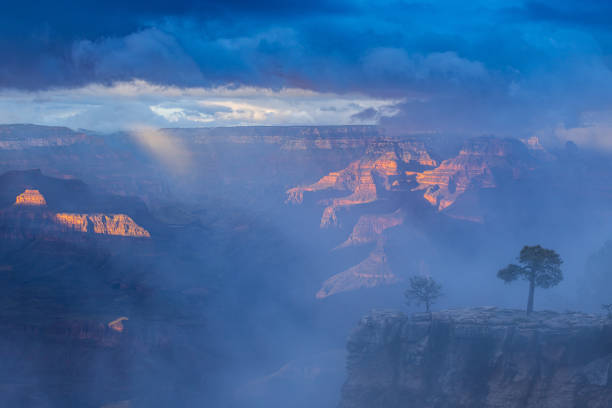 Grand Canyon in the last ray of setting sun and mist.
