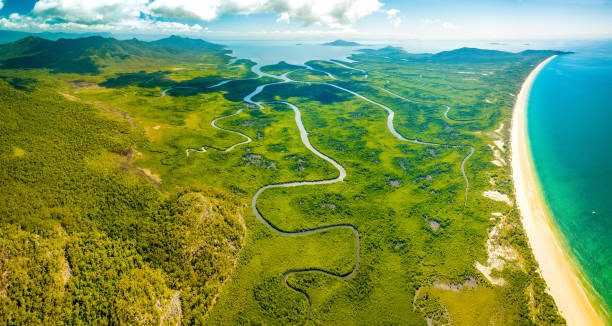 montagne e fiumi sull'isola di hinchinbrook - braccio di mare immagine foto e immagini stock
