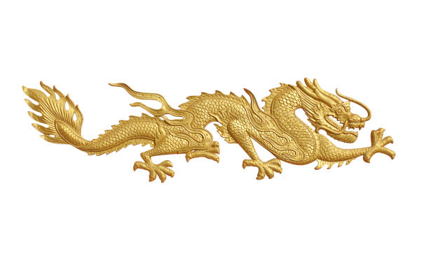 istock Golden dragon statue on white background 1160903140