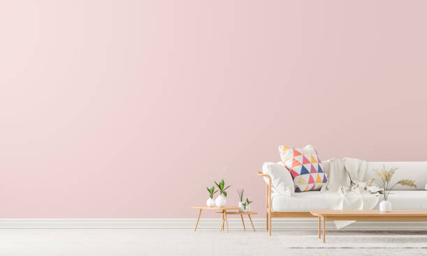 istock Scandinavian style interior with sofa and coffe table. Empty wall mock up in minimalist interior with pastel colors. 3D illustration. 1160905173